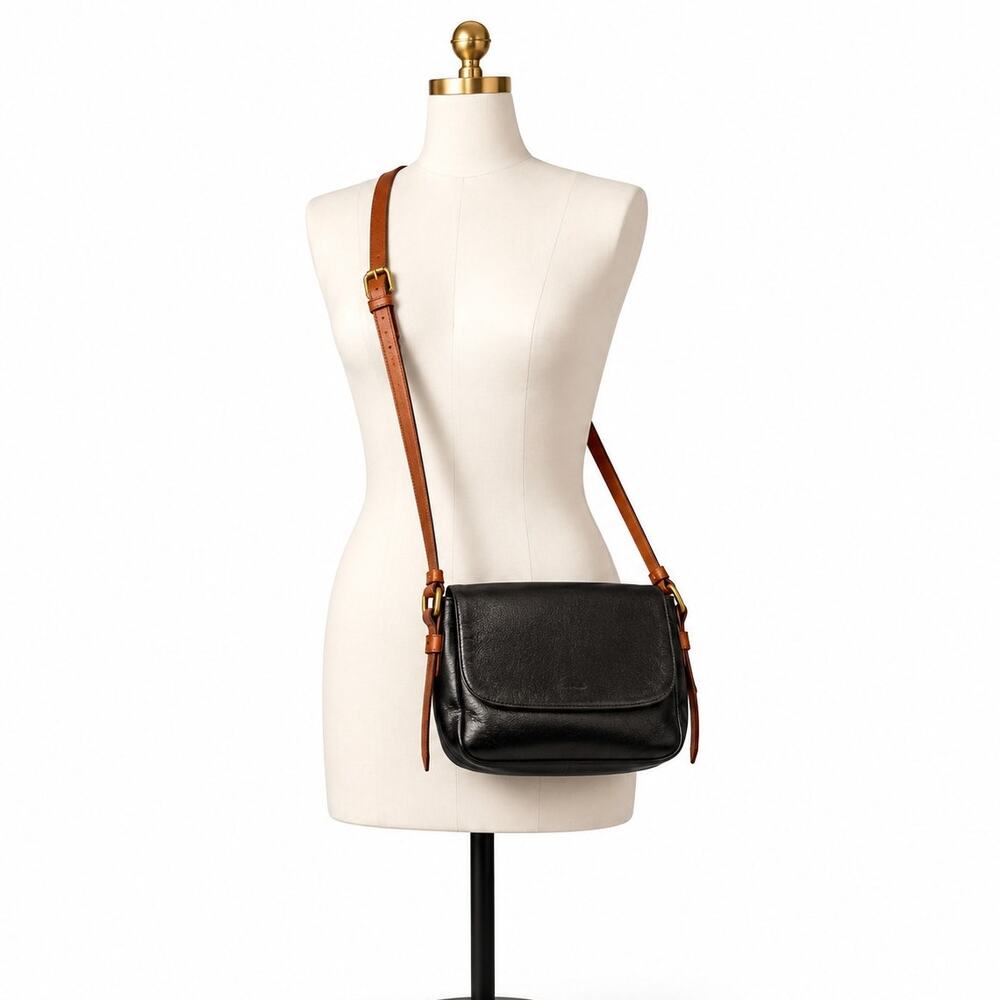 Fossil Kinley Crossbody Bag Black Leather Brown Strap Flap Zip Pocket Purse